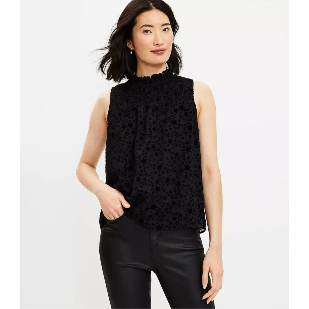 LOFT Star Smocked Mock Neck Top Womens Small Black